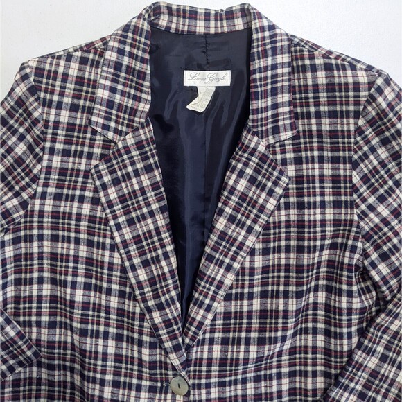 Vtg Linen Plaid Blazer Womens *fits XL Blue Red Laura Gayle Petite Lightweight - Picture 3 of 10